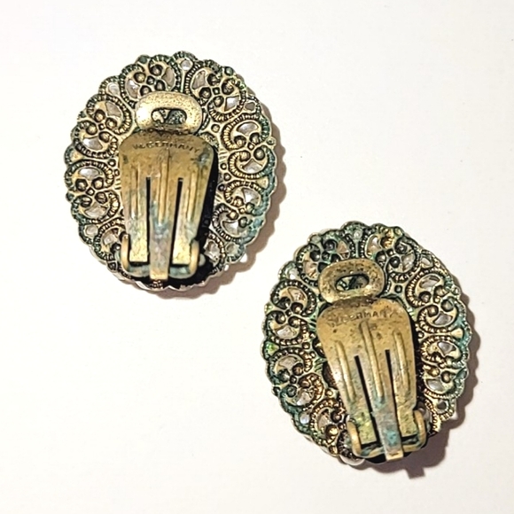 WEST GERMANY BLUE PORPHYRY GLASS CLIP-ON EARRINGS - VINTAGE SIGNED - Picture 4 of 7